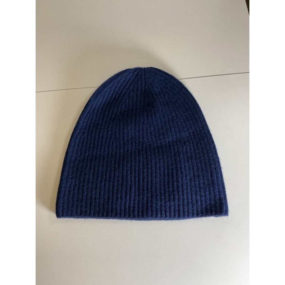 Loop Cashmere Navy Blue Ribbed Knit Beanie Wool Blend One Size Quit Luxuy
